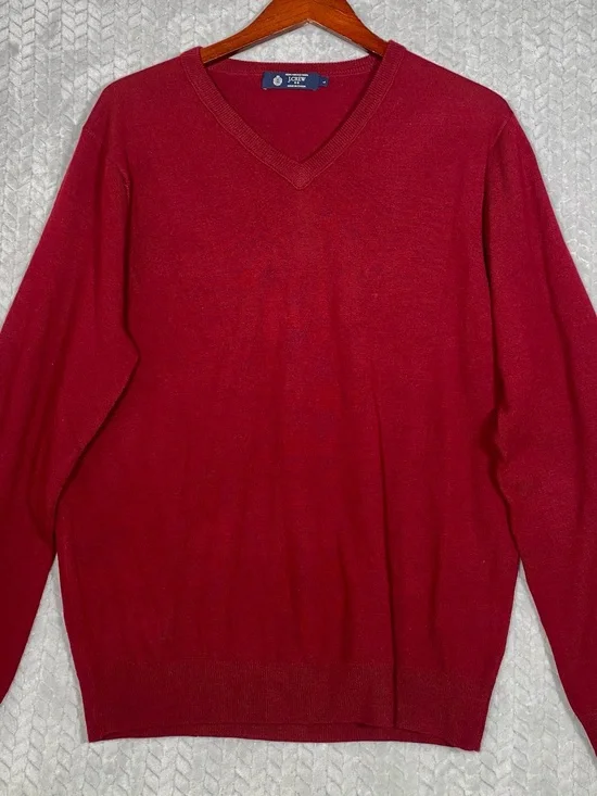 J CREW Mens Sz Large Burgundy Red 100% Merino Wool V Neck Pullover Sweater