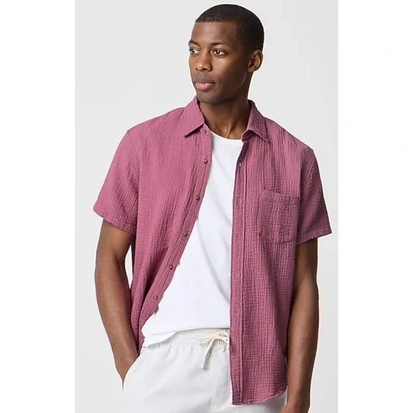 J. Crew‎ Gauze Shirt Men's Large Faded Wine Mauve Pink Short Sleeve Button Up
