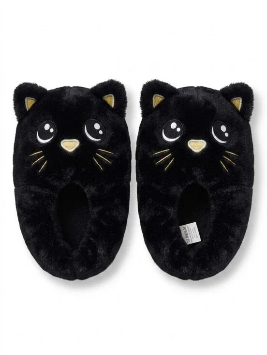 🦦5/$10🦦Black Cat Plush Slippers Kids Size XS Soft Fuzzy Animal House ShoesKeep