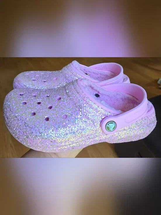 Sz 3 Little Girl's CROCS CLASSIC PINK  GLITTER LINED comfort Clogs