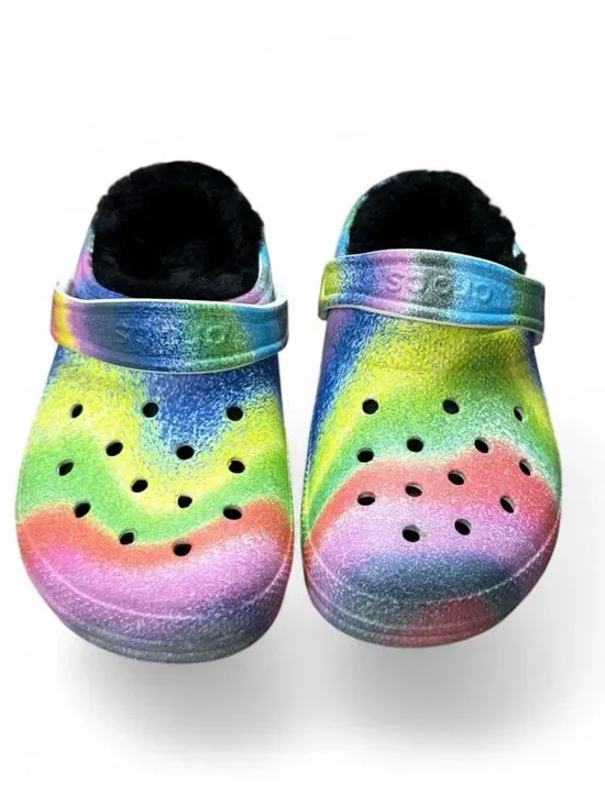 Kids Rainbow Crocs Clog with Faux Fur Lining - Multicolor
