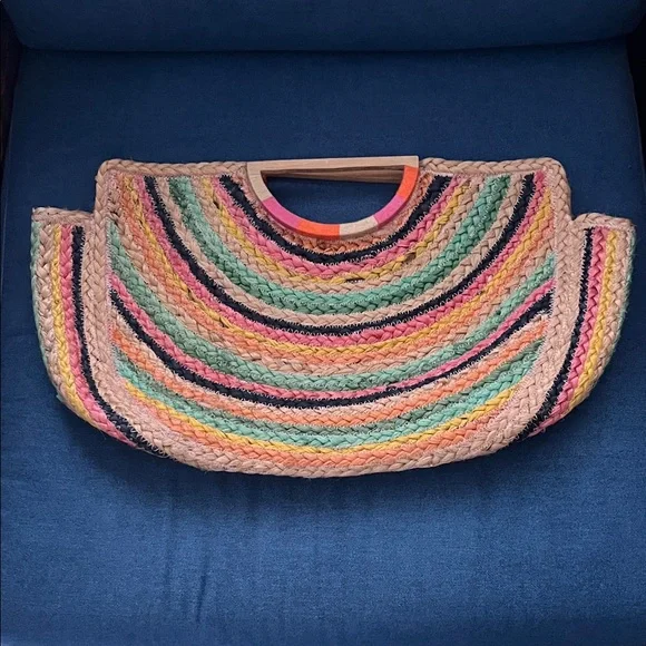 Shirtless Chicago rainbow jute purse wood handles beach vacation resort Boho