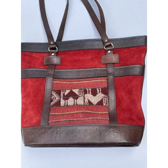 Bolivian VTG BOHO Red Suede Brown Leather‎ & Tapestry Zipper Tote Purse Bag