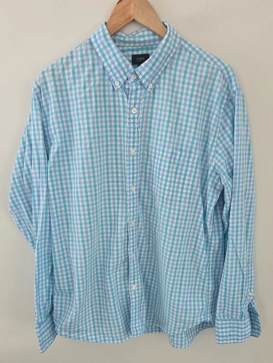 J. Crew Men's Light Blue, Turquoise & White Gingham Casual Button-Down Shirt