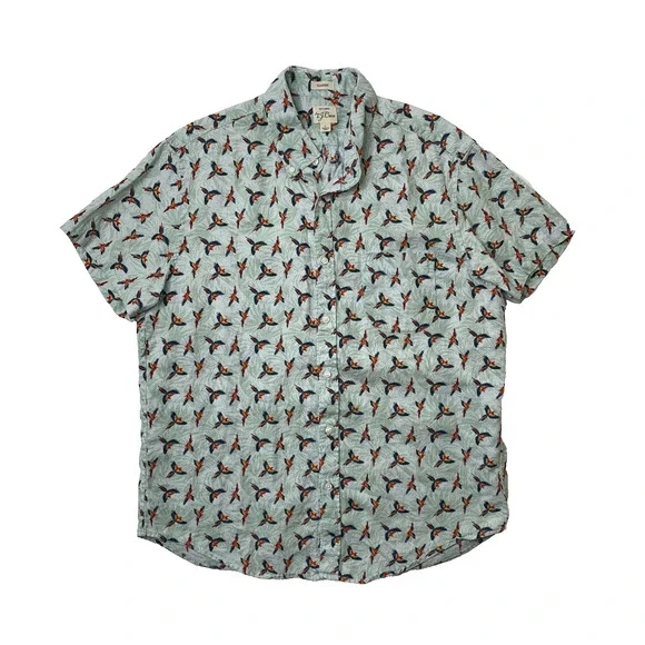 J Crew Shirt Mens L Large Mint Green Linen Parrot Motif Button Down Short Sleeve