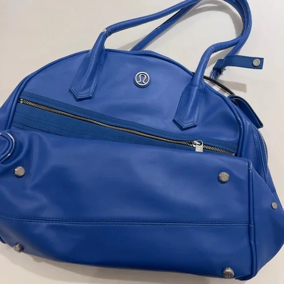 Lululemon‎ Royal Blue Faux Leather Gym Bag Duffel Laptop Sleeve Striped Lining