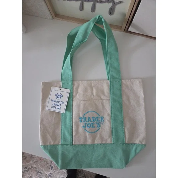 Trader Joe's Mini Pastel Canvas‎ Tote Bag Mint Green Cream Limited Edition NWT