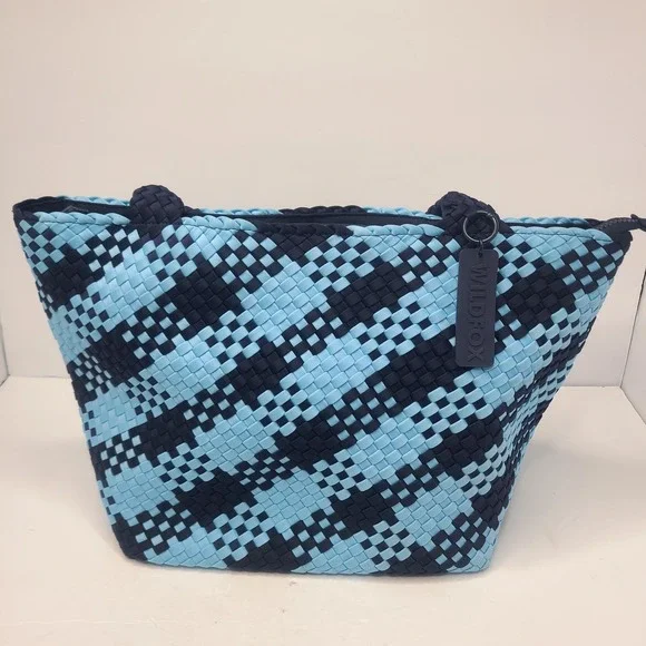 Wildfox Blue Woven Tote Bag Purse‎ Handbag Carryall Beach Gym ShopperZip Top