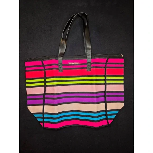 Victoria's Secret Pink Multi Color Striped Canvas Tote Bag Large Travel Beach