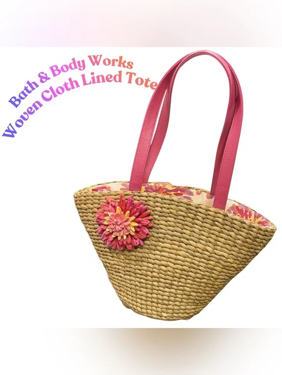 Bath & Body Works Woven Straw Tote Bag Pink Straps Floral Lined Beach Summer Bag