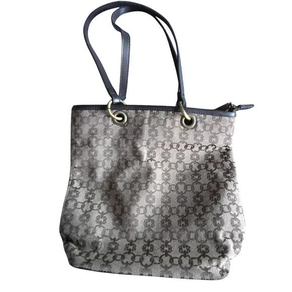 Bueno Monogram Jacquard Tote Bag Brown Tan Canvas Shoulder Bag Zip Top Medium