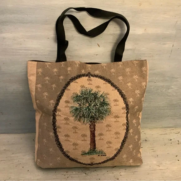 Scene Weaver Embroidered Palm Tree Canvas Tote Bag‎ 14x13x3 Like New
