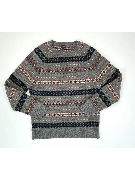 JCrew Mens Fair Isle Lambswool Sweater Gray Knit Small S Nordic Crewneck *read*