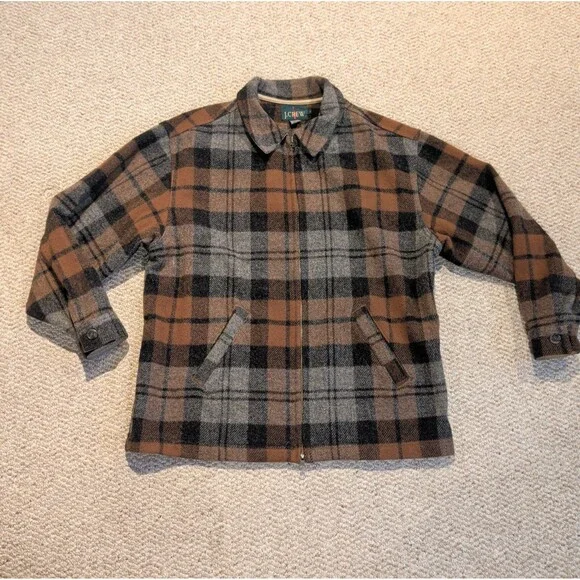 Vintage J Crew Wool Blend Plaid Jacket Mens L Brown Gray Full Zip Outdoor