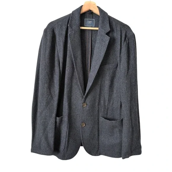 J Crew Men's Worsted Wool Blazer Jacket Navy Blue Knit Size L Two Button Pockets