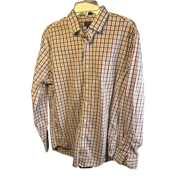 J Crew Shirt Mens Large Red Blue Plaid Slim Fit Flex Wrinkle‎ Free Button Down