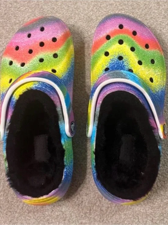 CROCS Kids Rainbow Glitter Classic Clog with Black Lining
