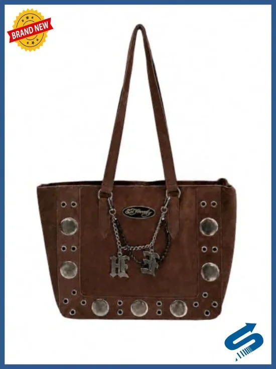 ED HARDY Studded Tote Shoulder Bag Faux Leather Chain Charm Gothic Large
