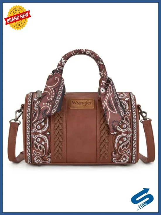 Faux Leather Wrangler Boston Bag, Floral Embroidered Barrel Purse with Bandana