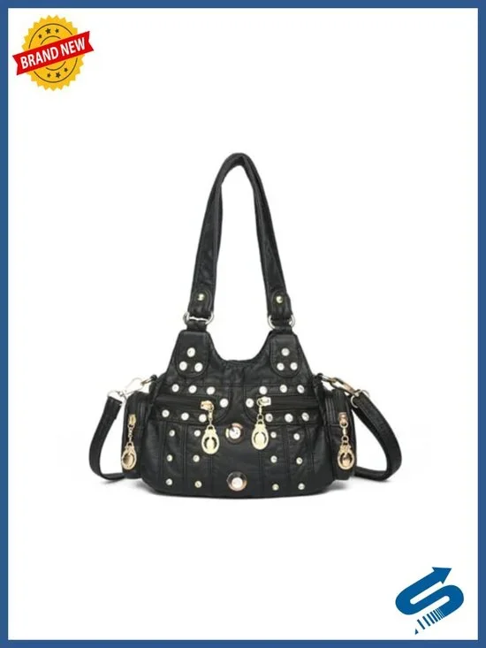 PU Leather Tote Handbag Shoulder Crossbody Bag with Rivet Decoration