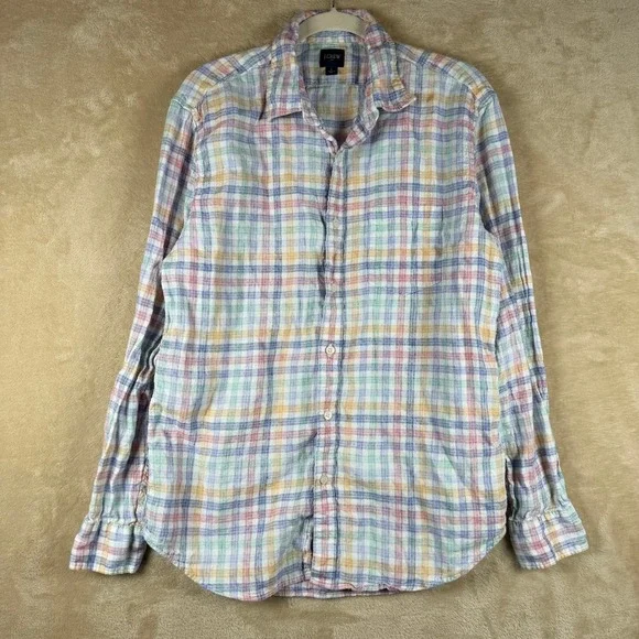 J Crew Mens Linen Blend Colorful Plaid‎ Button Down Shirt Long Sleeve Size L