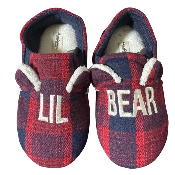 Dearfoams Kids‎ LIL BEAR Plaid Flannel Cozy Slippers Size 11-12 US
