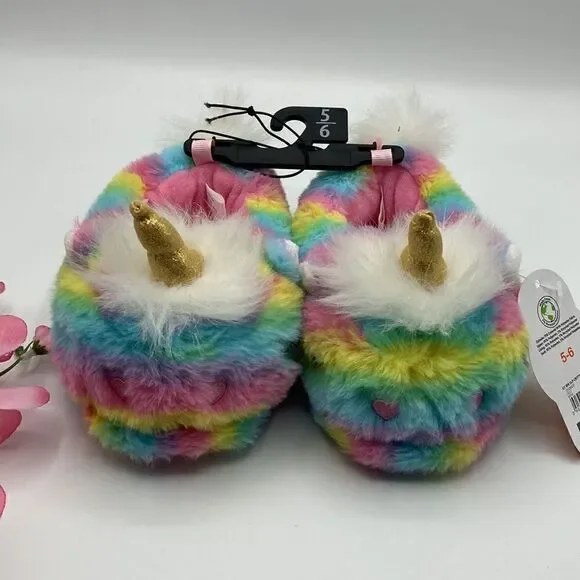 Toddler Baby Girls Plush Critter Unicorn Fuzzy Comfy Slippers Shoes Size 5/6