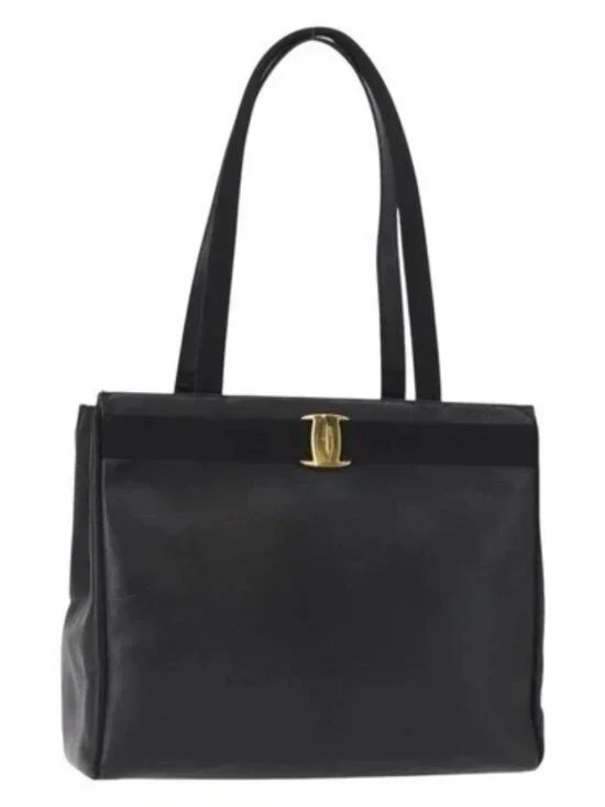 Salvatore Ferragamo Vala Tote Bag Leather Black Gold Auth BA7676