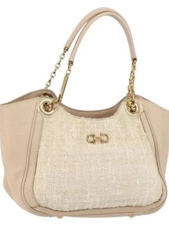 Salvatore Ferragamo Gancini Tote Bag Tweed Suede Beige Gold Auth 153464