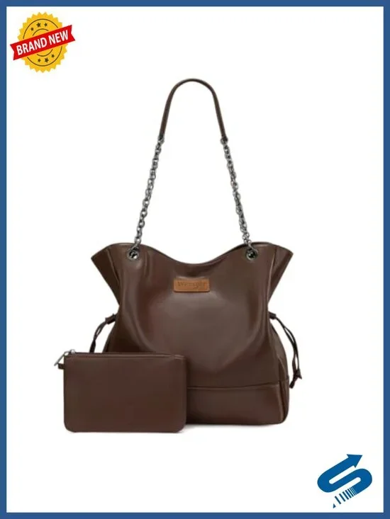 Faux Leather Drawstring Tote Bag with Removable Pouch, Magnetic Closure, Fits