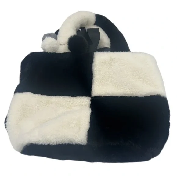 Claire's Black & White Checkered Faux Fur Tote Bag with Detachable Strap‎