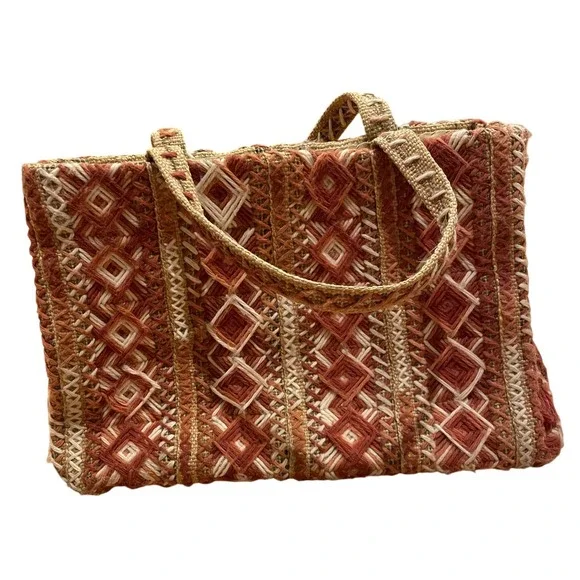 Woven‎ Jute Geometric Diamond Aztec Boho Tote Bag Terracotta Tan Cream Handbag