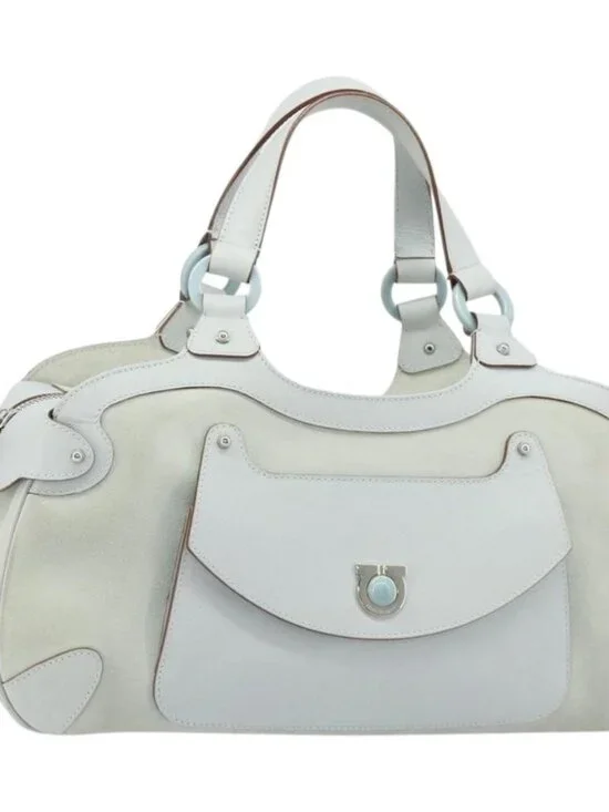 Salvatore Ferragamo Hand Bag Suede Leather Light Blue Silver Auth ka4819A