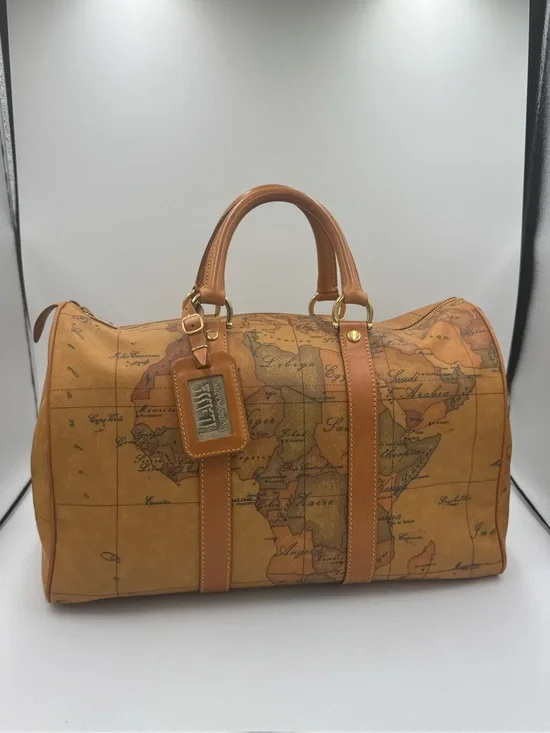 Alviero Martini Map-Print Leather Duffel Weekender w/ Luggage Tag & Lock 2 Keys