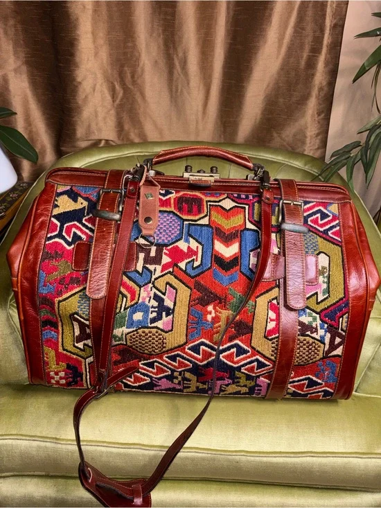 Vintage Kilim Large Turkish Wool Travel Carry Bag Rust Tan Blue Brown Leather