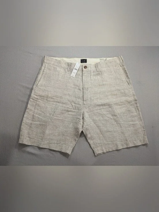 NWT Men’s J Crew Shorts Size 35 100% Linen New Tan Beige Stripe 9” Inseam