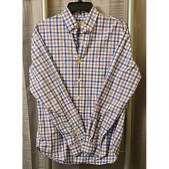 J. Crew Small Men Button Up Blue Purple White Checked Long Sleeve Cotton‎