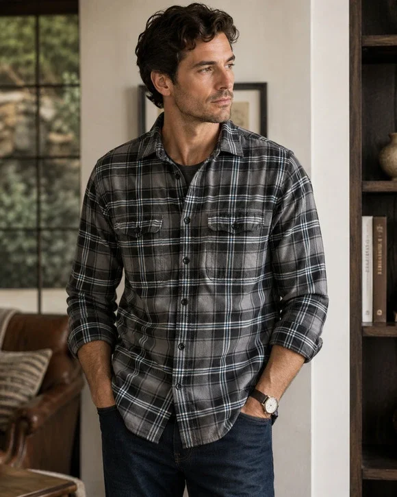 Mens J Crew Shirt Flannel Blue Grey Black Double Pocket Preppy Outdoors Small
