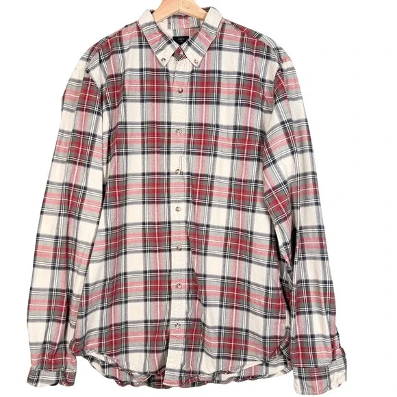 J Crew Oxford Plaid Long Sleeve Button Down‎ Shirt Men's XLT Red Cream Blue