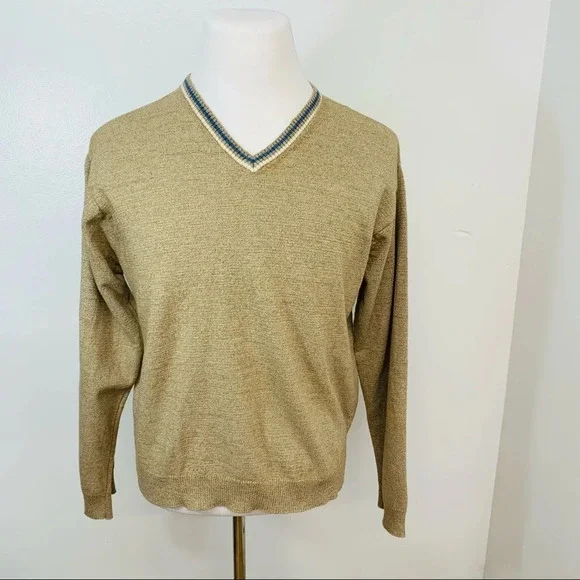 J Crew  Sweater Men XL Merino Wool Cotton V‎ Neck Long Sleeve  Neutral Tan Work