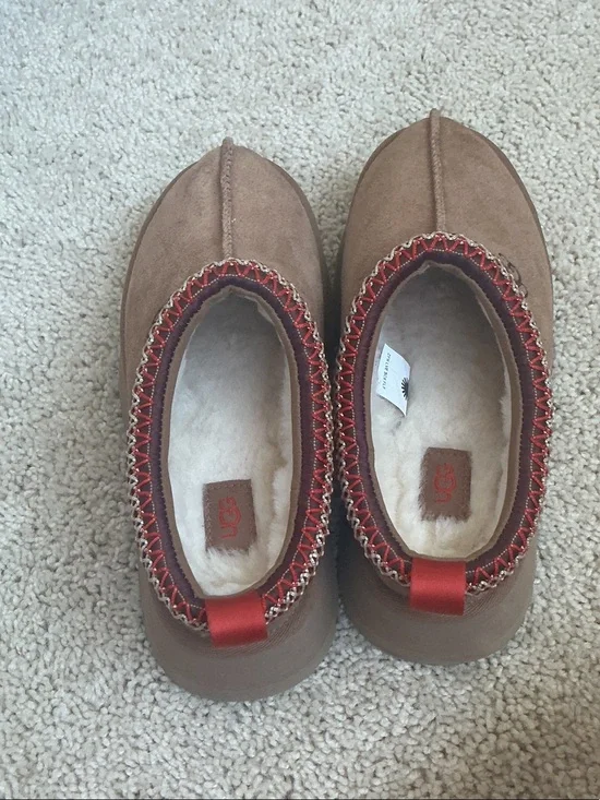 UGG Kids Tan Suede Slip-On Slippers with Red Trim