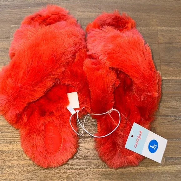 Cat & Jack Youth Girls Orange/Brooklyn Crossband Fur Slippers, Large 4/5, NWT