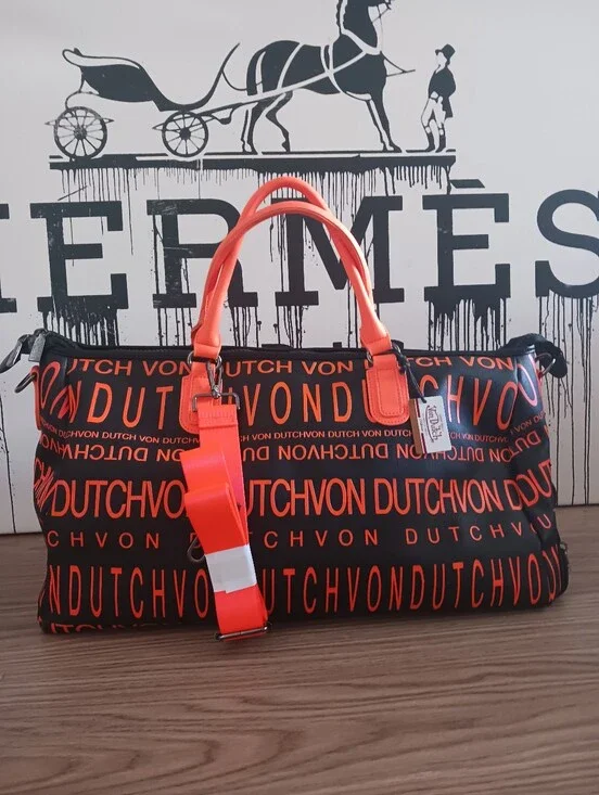 NWT Von Dutch Monogram Weekender Duffle Bag ,travel Bag Orange/ Black
