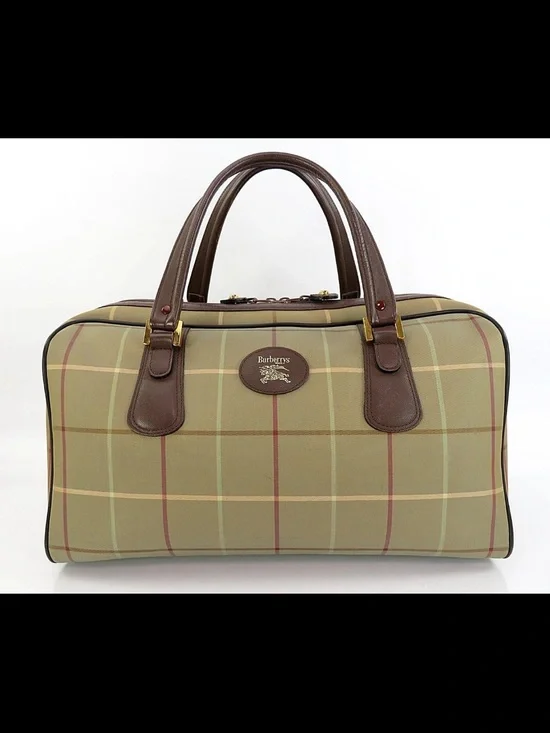 Burberry Olive Green Plaid Canvas Top-Handle Satchel with Brown Leather Trim