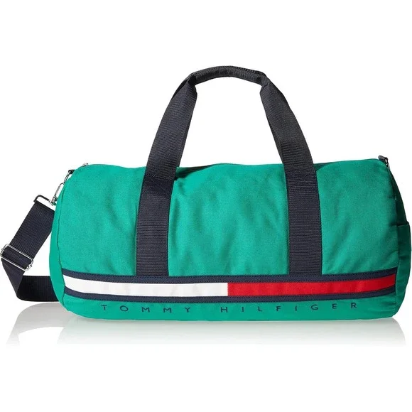 Tommy Hilfiger Duffel Bag Green Navy Trim Logo‎ Stripe Gym Travel Carry On NEW