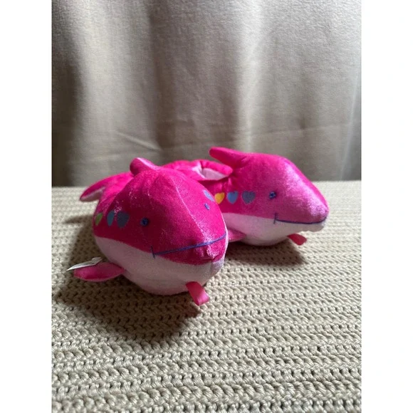 SeaWorld Pink Dolphin Plush Slippers Kids L/XL Heart Embroidered House Shoes
