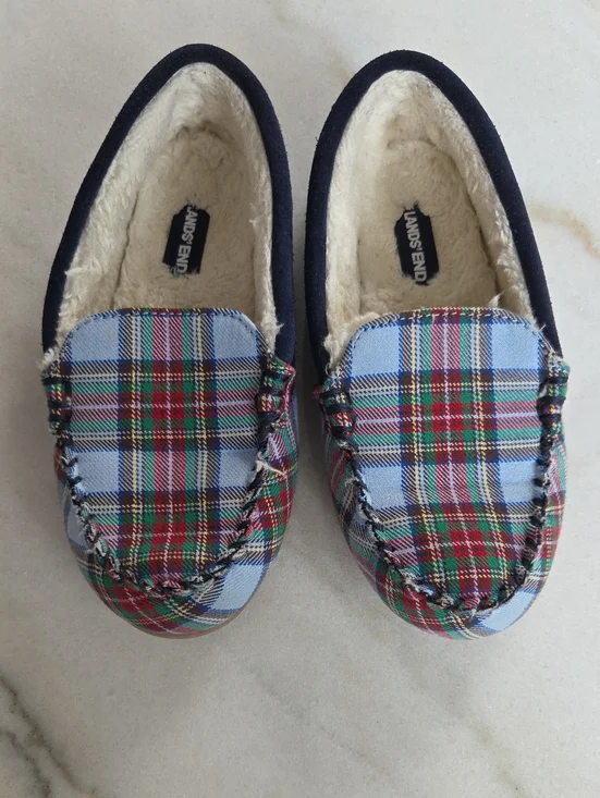 Lands' End Blue Plaid Sherpa-Lined Moccasin Slippers Size 2