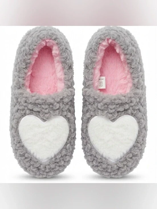 🦦5/$10🦦Wonder Nation Gray Sherpa Heart Slippers Girls Size 11-12 Pink Faux Fur
