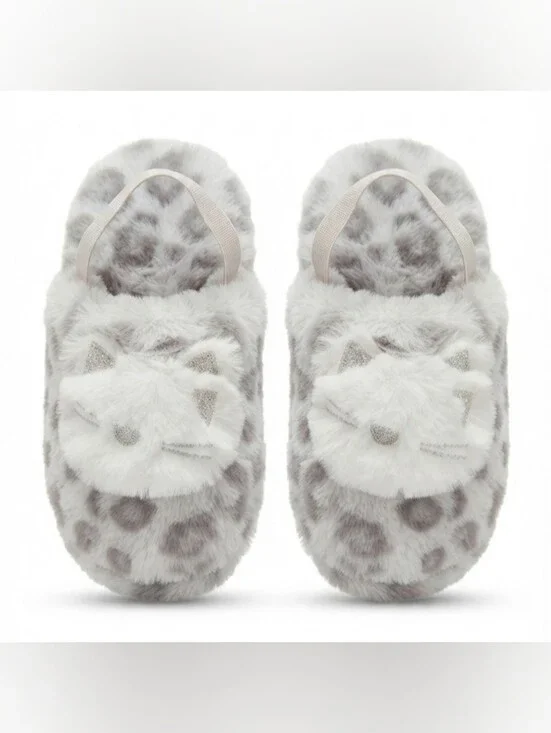 🦦5/$10🦦Wonder Nation Gray Leopard Fuzzy Cat Slippers Girls Size Medium Slumber