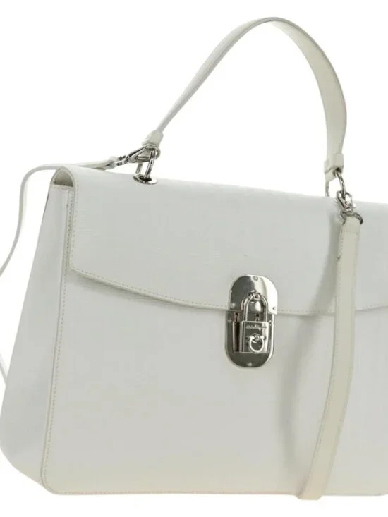 Salvatore Ferragamo Gancini Hand Bag PVC Leather 2way White Silver Auth 179530V